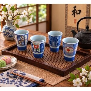 Arita Japan MCM Porcelain Tea Cup Set of 4 Blue White Floral Traditional Yunomi